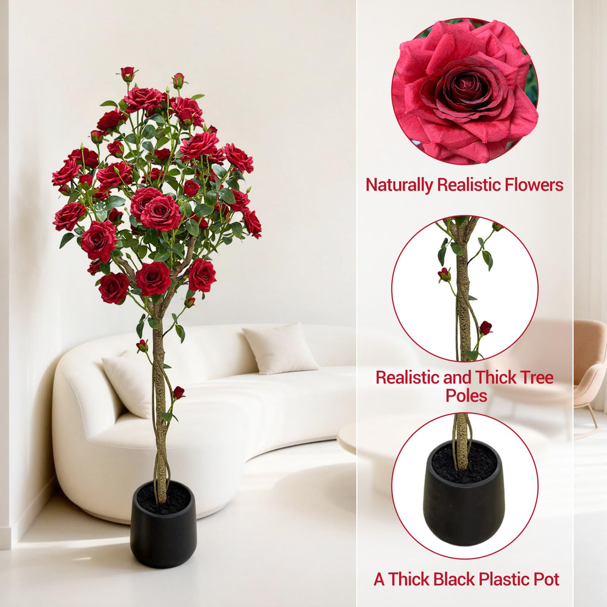 Árbol de rosas artificial en sala de estar